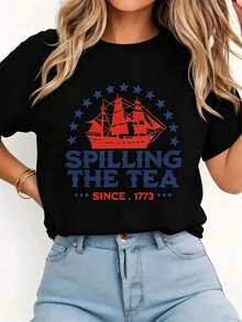 Women's-Shirt Funny 4th Of July Spilling Tea Since 1773 Fourth Of July,Summer Clothes Tops Women Graphic Tees,Selling Clothing Summer White TopsLoose, - Black - View 1