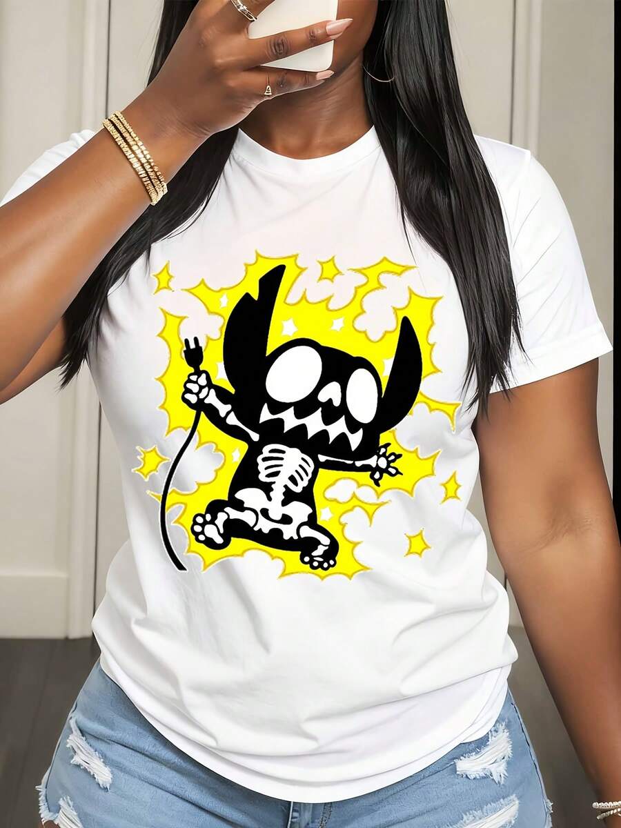 Disney Nightmare Before Christmas Jack Skellington Print T Shirt Women Casual Halloween Costume Party Outfit Gothic Style - 白色 - 查看 1