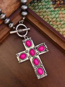 1pc Style Pink Blue Turquoise Pendant Necklace Vintage Distressed Silver Chain OT Clasp Design Western Cowboy Style Accessory - Necklace - View 17