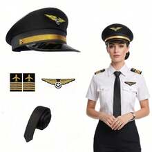 1/3/4/5pcs Vintage Party Cosplay Pilot Theme Accessory Set, Includes Hat, Airplane Pattern Epaulettes, Brooch, Tie, Suitable For Party, Christmas, New Year Carnival And Other Celebrations - Multicolor - View 1
