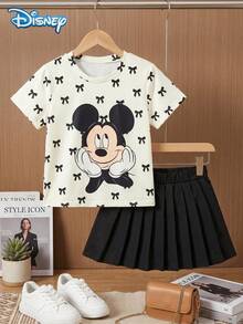 Disney 夏季女童兩件套可愛米奇蝴蝶結印花短袖T恤與裙子套裝，休閒少女日常基礎針織圓領短袖彈性腰褶皺純黑色裙，戶外度假服飾 - 杏色 - 查看 2
