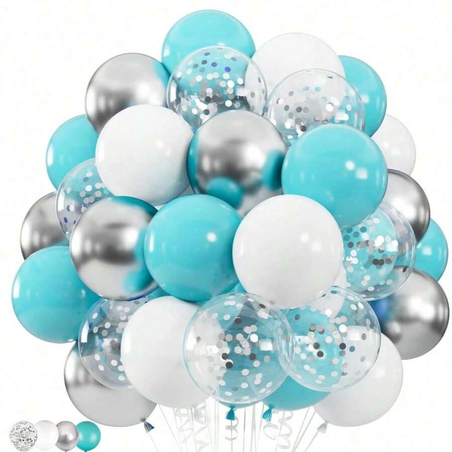 37pcs Blue, White, Silver And Silver Foil Shiny Latex Balloons With Ribbon, 10 Inch Diameter, Suitable For Birthday, Graduation, Wedding, Bridal Shower, Christmas, Party And Various Celebration Decorations - Set - View 1