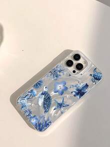 1個海洋海星海龜水母扶桑花珊瑚百合圖案羽毛薄紗大孔全覆蓋防滑柔軟手機殼 適用於 iPhone 11/12/13/14/15 Pro Max - 彩色 - 查看 3