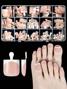 Misscheering 150pcs/Box Short Square Nude French Soft Gel Press-On Toenails, 15 Sizes Thick Full Coverage Pre-Designed Acrylic Toenail Extensions, Reusable Fake Toenails For Women's Daily DIY Foot Nail Salon - Coral Pink - View 3