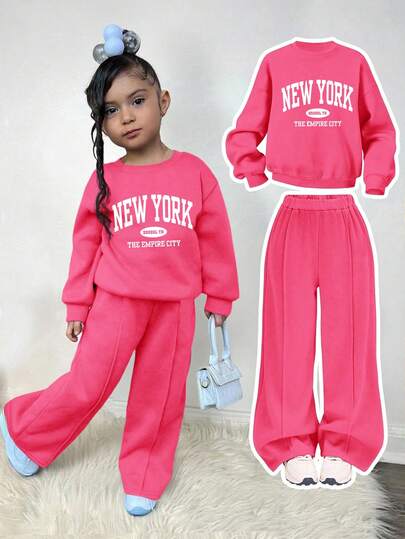 Young Girls Casual Letter Print Knit Warm Long Sleeve Sweatshirt And Wide Leg Sweatpants Set
