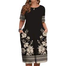 Plus Size Women Summer 2026 New Arrival Round Neck Contrast Color Short Sleeve Dress With Pockets Comfortable Elegant Fashion - Green Flowers - View 6