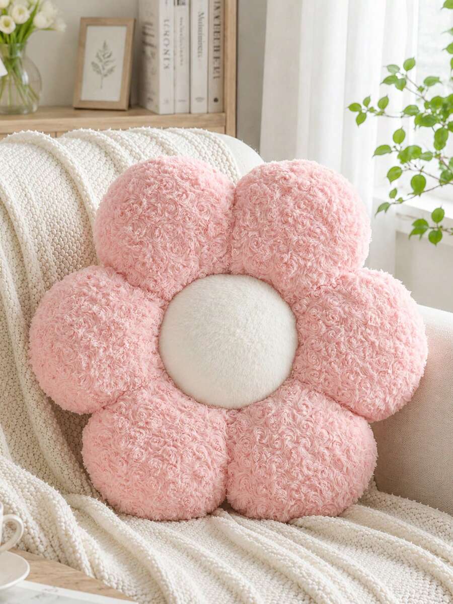 Flower Shaped Plush Throw Pillow, Soft Decorative Cushion For Sofa, Daisy Design Home Decor Pillow For Bed - Pink With White Core - View 1