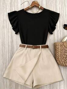 Women's Autumn Outfit, Spring/Autumn 2 Pieces Set, Black Top With Ruffle Sleeves + Apricot Skort With Diagonal Texture, Elegant Mature Style Summer - Black - View 10