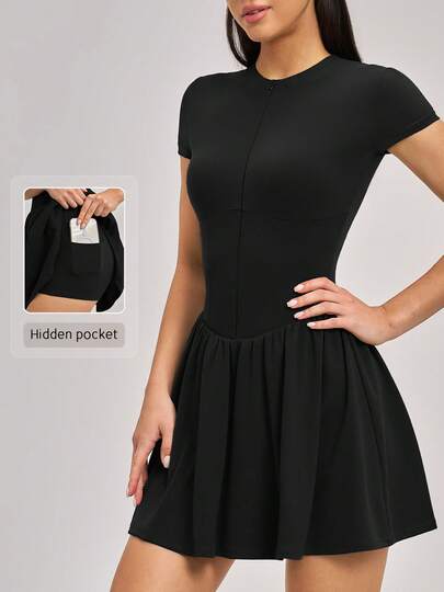 NcmRyu 1pc Women Solid Color Zipper Lined Shorts Dress