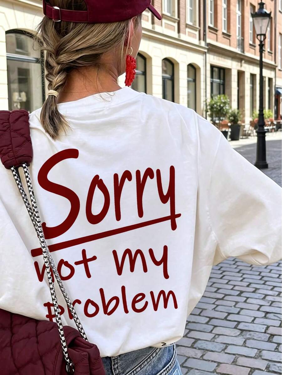 T-shirt ample d'été pour femmes avec impression de lettres rouges "Sorry Not My Problem" au dos, Top ample slogan Y2K blanc - Blanc - Voir 1
