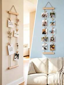 This Set Includes A Wooden Photo Hanging Rope With Wooden Clips And A Multi-Photo Display Rack, No Drilling Required, Space-Saving, Suitable For Dorm, Bedroom, Desk And Wall Decoration, A Home Decor And Decorative Hanging Item. - Multicolor - View 5