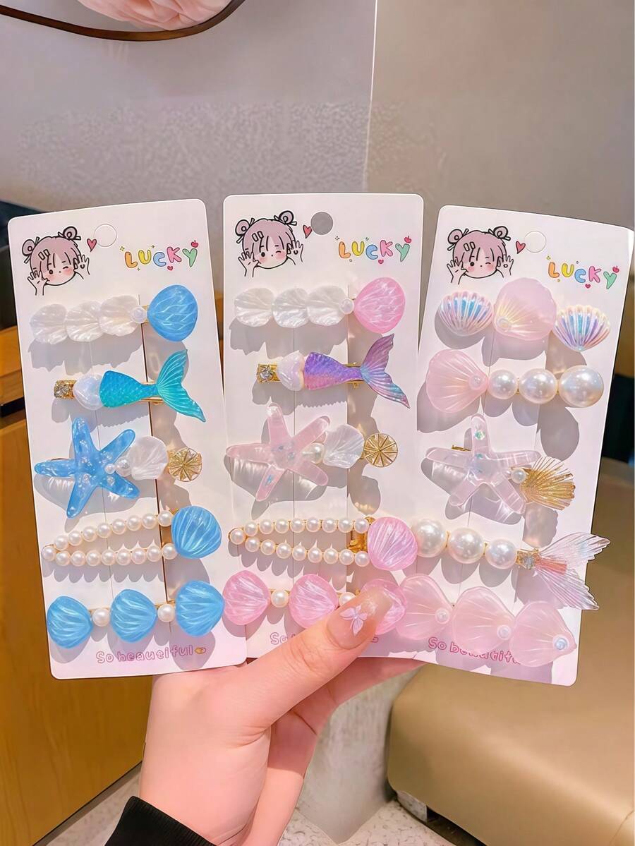 5pcs Women's Pink Starfish Shell Mermaid Tail Hair Clips, Ocean Vacation Hair Accessories, Alligator Hair Clips, Mermaid Princess Iridescent Faux Pearl Romantic Hair Clips, Suitable For Daily Use,Claw Clips - Multicolor - View 1