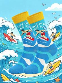 1雙創意衝浪圖案中筒襪，「Surf On Sea And Screen」趣味休閒四季款，衝浪愛好者完美禮物 - 彩色 - 查看 9