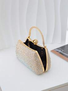 Women's Rhinestone Evening Clutch Bag, Top Handle Frame Clutch, Sparkling Rhinestone And Pearl Decorated Hard Shell Wallet, Luxury Style Suitable For Weddings, Proms - Gold - View 6