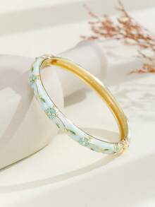 1pc Fashion New Rhinestone Decor Enamel Floral Pattern Filigree Bangle Bracelet Jewelry Gift, Suitable For Women And Girls - Baby Blue - View 3
