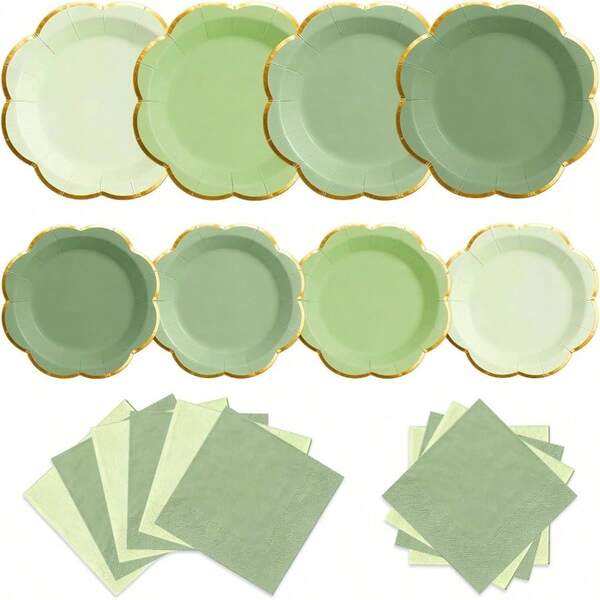 Platos y servilletas de color verde salvia para 20 invitados, platos de papel festoneado verde con borde dorado, elegante juego de vajilla desechable para cumpleaos, shower, boda, novia y