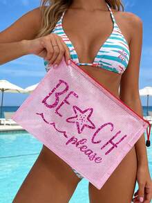 多色防水時尚網格海灘包，附亮面「Beach Please」字樣與海星圖案，大容量透明化妝包、泳池包、便攜耐用盥洗包、文具收納袋、輕量防曬收納包，適合游泳、海灘、潛水及夏季旅行，送給朋友、家人、閨蜜、同學的完美禮物與紀念品，適用於生日、節日、派對、婚禮（伴娘）、教師節、開學季、畢業季 - 彩色 - 查看 4