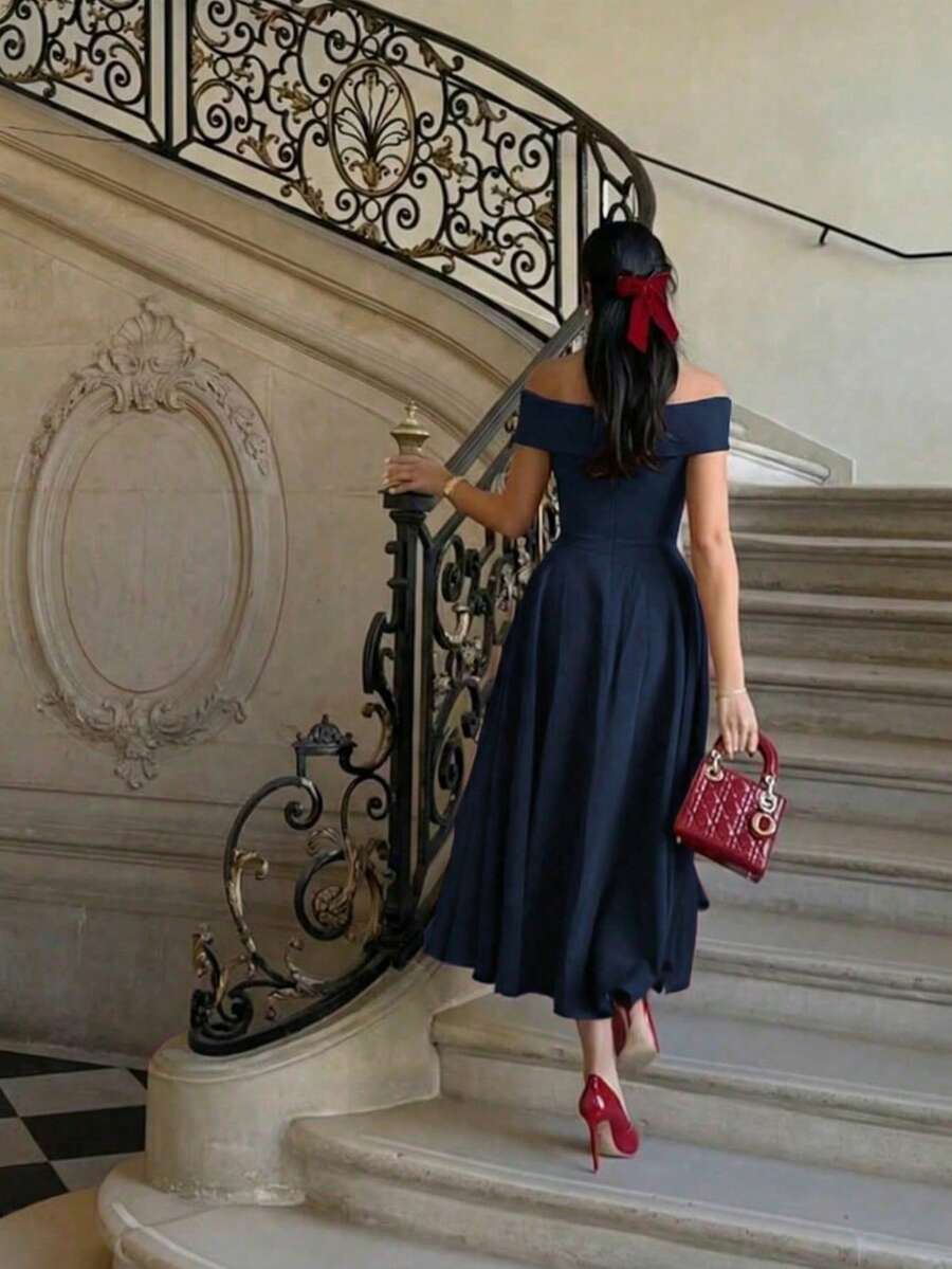 優雅休閒約會魅力基礎極簡通勤日常露肩長洋裝,女款優雅洋裝,休閒派對夏季洋裝 - 藏蓝色 - 查看 1