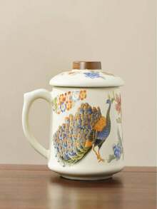 Chinese Vintage Floral Ceramic Mug With Lid, Traditional Peacock & Plum Blossom Pattern Porcelain Tea Cup, Large Capacity Handle Water Cup, Oriental Aesthetic Table Decor, Elegant Gift For Tea Lovers Office & Home Daily Drinking - Multicolor - View 7