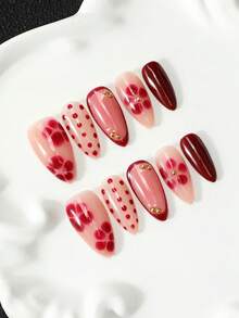 10Pcs Handmade Press On Nails, Cherry Red Almond Fake Nails, Red Flower Nail Art, Polka Dot Design, Burgundy French Tip Accent, Hand Painted Reusable Acrylic Press On Nails, Tool Kit Included, Vintage Chic Party Gift For Women - Multicolor - View 1