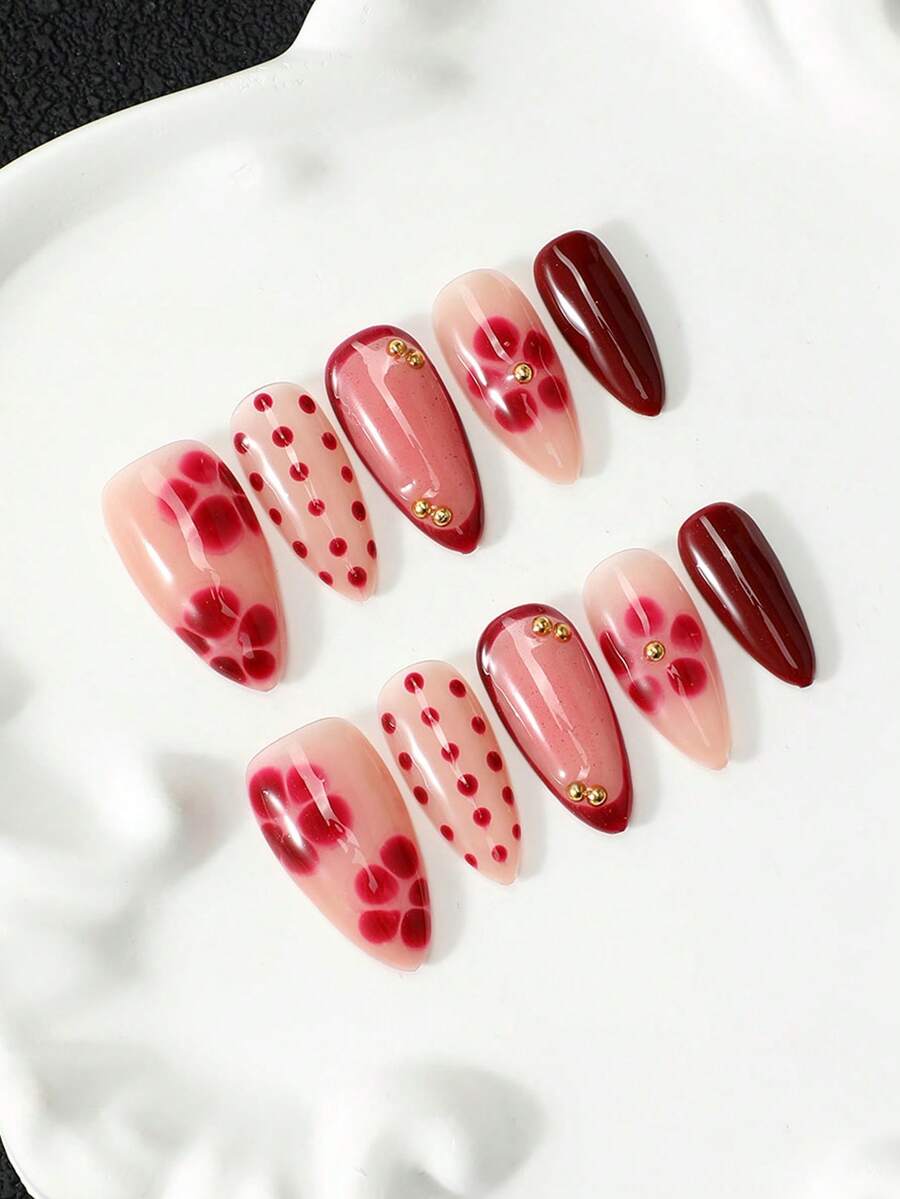 10Pcs Handmade Press On Nails, Cherry Red Almond Fake Nails, Red Flower Nail Art, Polka Dot Design, Burgundy French Tip Accent, Hand Painted Reusable Acrylic Press On Nails, Tool Kit Included, Vintage Chic Party Gift For Women - Multicolor - View 1