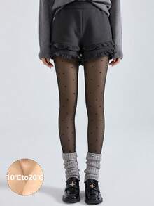 Heart-Shaped Flocked Black Thermal-Lined Tights, Warm And Slimming, Autumn/Winter Preppy Style Skirt Matching Base Stockings - Black - View 5