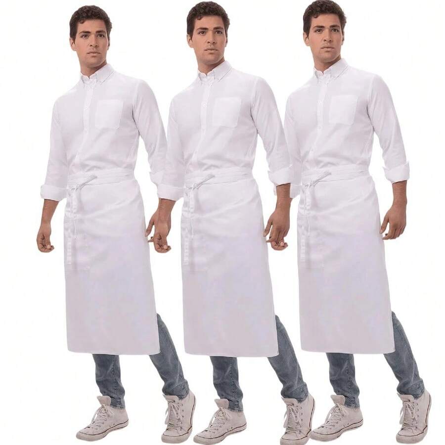 White Full-Length Waist Tie Apron With Front Pocket, Adjustable Professional Chef Apron For Kitchen, Restaurant & Bakery Staff - Multicolor - View 1