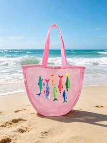 Multicolor Beach Sardine Pattern Multifunctional Zipper Tote Bag, Gift For Her/Him, Shell Bag, Conch Mesh Bag, Beach Bag, Conch Collection Mesh Bag, Shell Mesh Bag, Conch Tote Bag, Transparent Pencil Case, Tear-Resistant Transparent Bag, Office/School Travel Bag, Jewelry/Electronics Small Zipper Bag, Beach/Pool/Gym Wet/Dry Bag, Mesh Storage For Sand Toys And Shells, Graduation Gift, Birthday/Anniversary/Wedding/Holiday - Multicolor - View 8