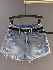 Summer Vintage High Waisted Distressed Denim Shorts Women Retro Y2K Spicy Girl Slimming A-Line Raw Hem Hot Pants Casual Beach Party Streetwear - 淺藍色 - 查看 1