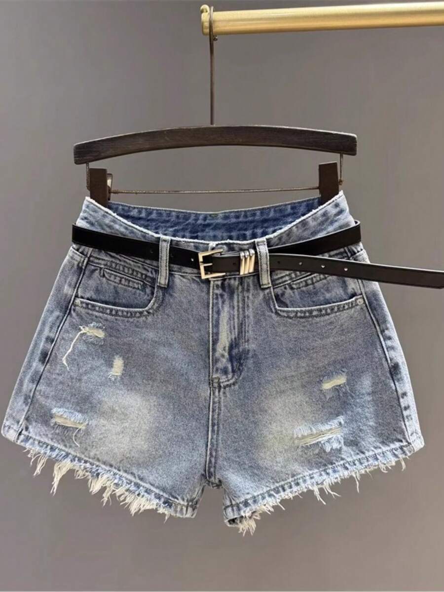 Summer Vintage High Waisted Distressed Denim Shorts Women Retro Y2K Spicy Girl Slimming A-Line Raw Hem Hot Pants Casual Beach Party Streetwear - 淺藍色 - 查看 1