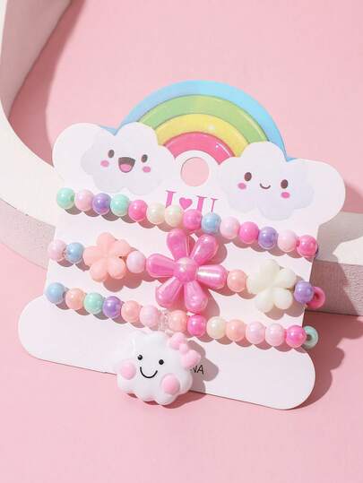 3pcs/Set Pulsera de niña con colgante de mariposa y flor de dibujos animados, conjunto de pulsera de cuentas multicolor, joyería infantil, adecuada para uso diario, fiesta de vacaciones, regalo de cumpleaños, accesorios para niñas, color aleatorio
