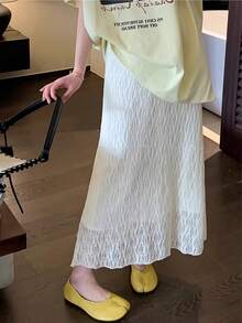 New Solid Color Pleated High Waist Hip-Covering Slimming Skirt, Elastic Waist Versatile A-Line Mid-Length Skirt White - White - View 5