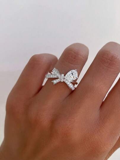 1 S925 Sterling Silver Simple And Elegant Bow-Shaped Zirconia Ring For Women – Women's Jewelry Gift, Birthday Gift, Party Gift, Valentine's Day Gift