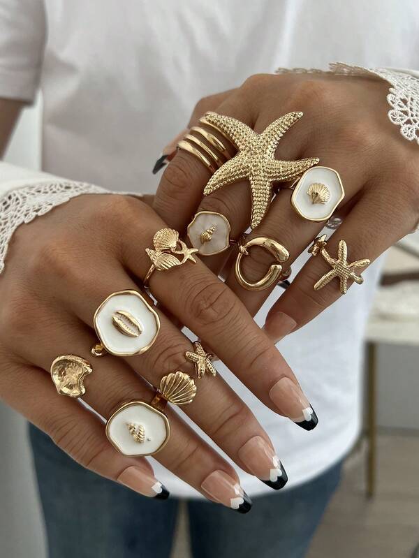 7/4pcs Simple Fashion Old Money Style Oil Drop Starfish Faux Shell Marine Life Metal Geometric Irregular Stacked Ring Set For Women, Sisters, Summer Vacation, Date, Gift, Daily Casual, Party, Wedding