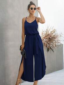 Women's Spaghetti Strap V-Neck Tie-Up Side Slit Jumpsuit - Navy Blue - View 4