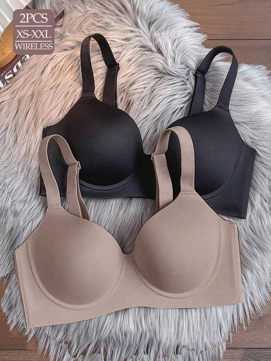2 piezas Sujetadores con aros sin costuras de color negro y gris, sujetador inalámbrico con elevación y suavizado lateral transpirable para busto grande - Multicolor - Ver 1