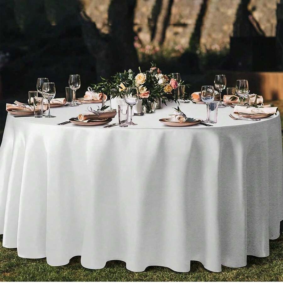 1pc Multi-Color Classic Art Hotel Home Round Tablecloth, Satin Finish, Suitable For Wedding, Valentine's Day And Daily Use - White - View 1