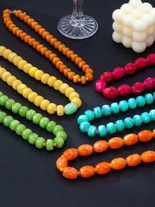 1 pieza/3 piezas Collar de cuentas de resina de estilo bohemio de 3 capas apiladas con color de contraste, cuentas redondas asimétricas naranja verde amarillo, cadena exagerada para la clavícula, collar tipo choker con vibra de vacaciones en la playa, accesorio para mujer - collar de cuentas - Ver 2