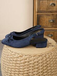 Minimalist Bow Navy Blue Back Strap 3cm Chunky Heel High Heels Women's Shoes Square Toe Versatile Elegant Closed Toe Sandals - Navy Blue - View 5