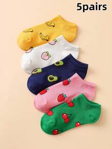5 pares de calcetines cortos de mujer con estampado de fresa de frutas coloridos y lindos - Multicolor - Ver 1