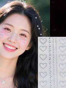 1 pieza Pegatina facial de strass con contorno de corazón, combinación de corazón hueco + rayas lineales, respaldo autoadhesivo, estilo dulce para maquillaje de escenario, pegatina de strass con brillo para ojos & cara - Multicolor - Ver 2