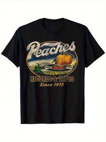 Herren Vintage 70er Jahre Retro Musik T-Shirt - Peaches Records & Tapes Grafik mit Pfirsichkern Landschaft & 1975 Veröffentlichungsjahr - Weich atmungsaktiv Rundhals - Schwarz - Übersicht 1