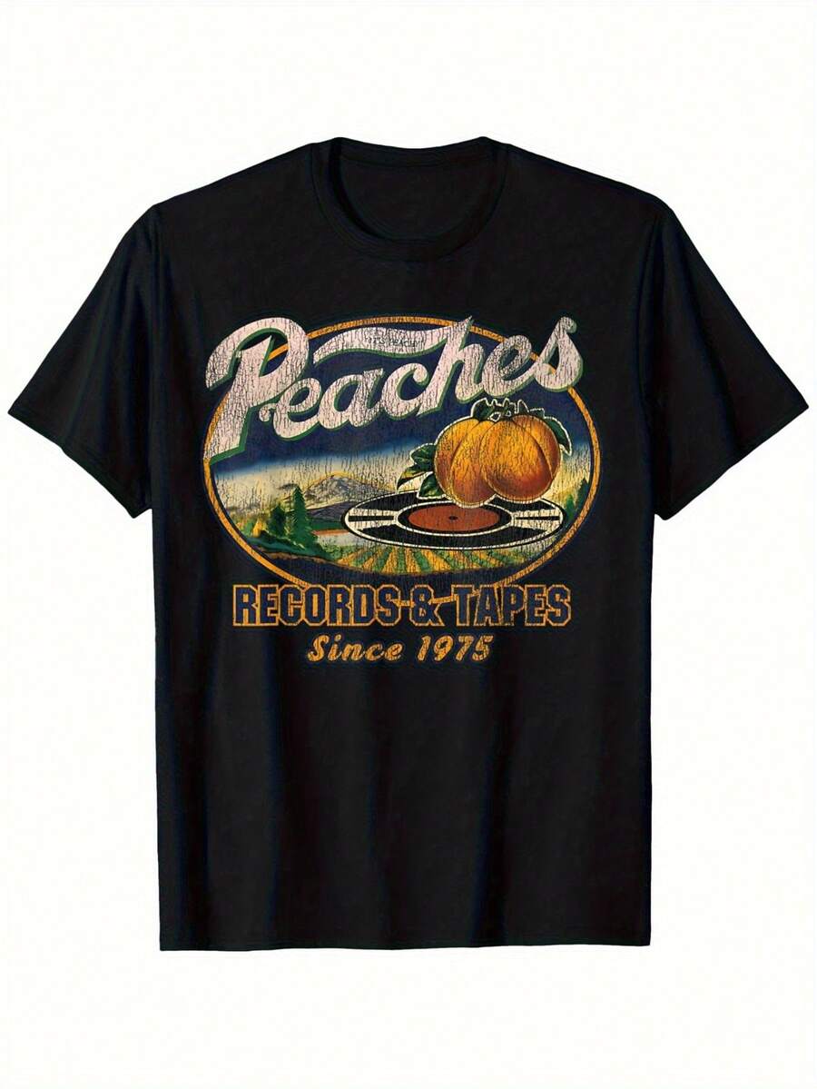 Herren Vintage 70er Jahre Retro Musik T-Shirt - Peaches Records & Tapes Grafik mit Pfirsichkern Landschaft & 1975 Veröffentlichungsjahr - Weich atmungsaktiv Rundhals - Schwarz - Übersicht 1