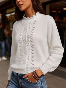 Women's Elegant Lace Patchwork Collar Knitted Cardigan, Suitable For Daily Commute, Casual And Holiday Wear, Autumn/Winter - Cream - View 2