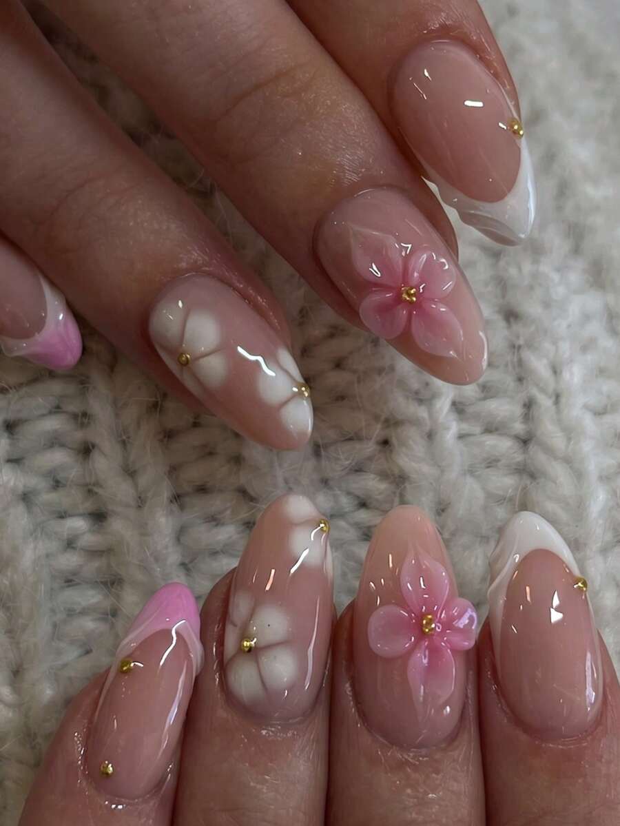 NAIO 24片/組長杏仁形穿戴式美甲,Y2K辣妹風,花卉凝膠美甲,飾有3D粉色與白色花朵及金色點綴,適合女性與女孩,派對與日常配戴,附工具組,女性美甲護理絕佳禮物 - 彩色 - 查看 1