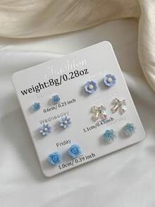 6 Pairs Minimalist Fashion Bow & Floral Earring Set, Assorted Designs, Women's Stud Earrings For Daily Wear, Dating, Outings, Gift For Friends - Baby Blue - View 4
