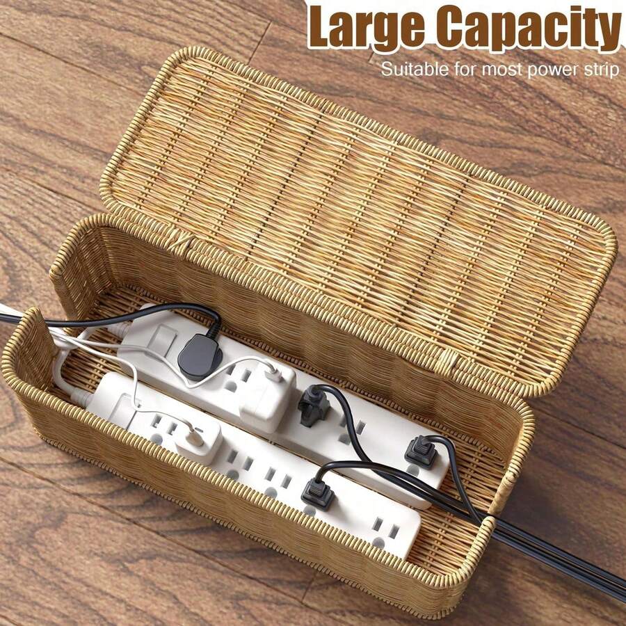 1pc Exclusive Design Rattan-Look Desktop Power Strip Storage Box Plastic Nordic Pastoral Style Bedroom Organizer Socket Storage Box Power Cord Management Basket Bedroom Power Strip Organization - Brown - View 1