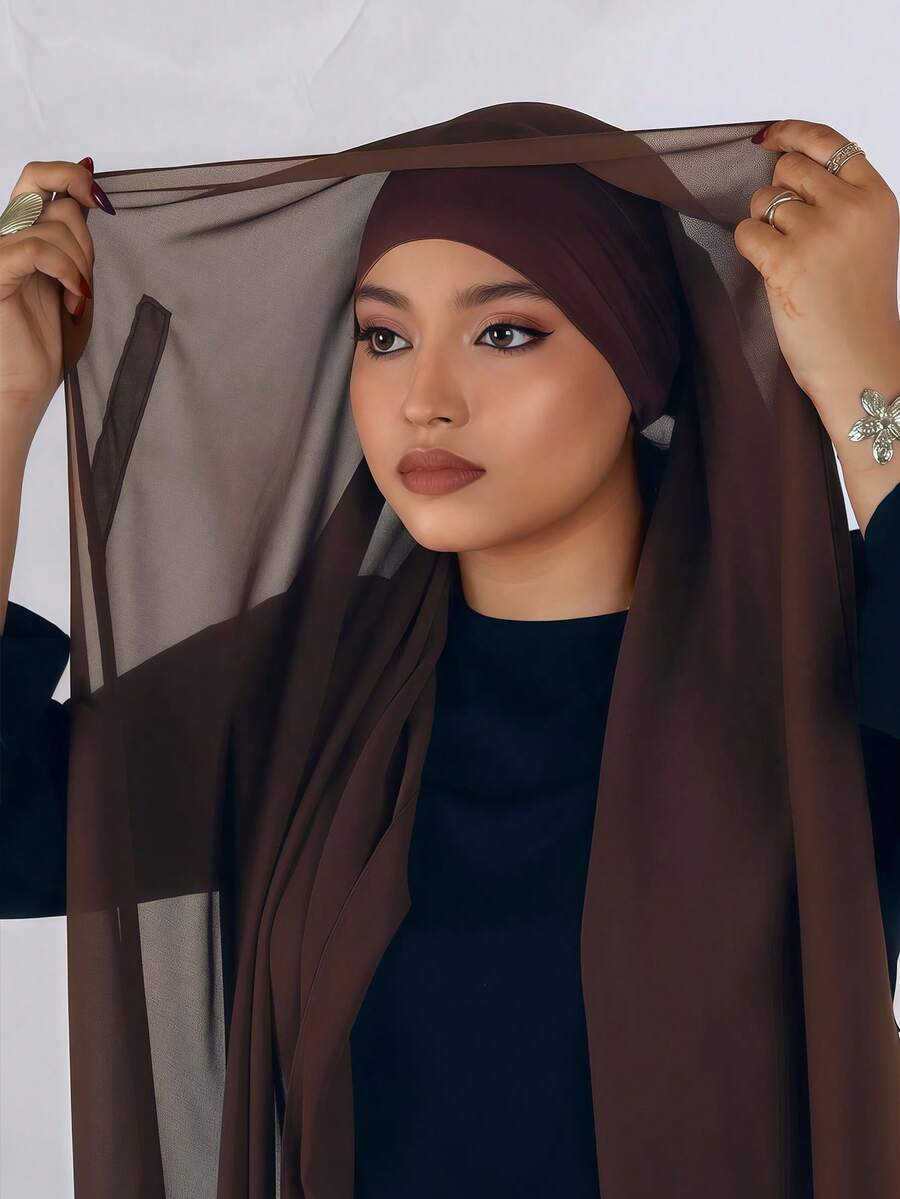1pc Instant Hijab With Magnetic Buckle, Chiffon Scarf Paired With Jersey Premium Knit Fabric Underscarf, 3-In-1 Instant Headscarf, Silky Soft Skin-Friendly Comfortable Breathable Chiffon Fabric, Underscarf Cap Inner Lining Paired With Chiffon Scarf, Suitable For Daily Wear With Abaya, Holiday Outings, Prayer, Worship