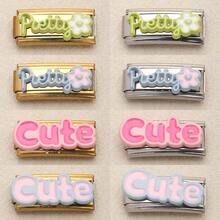 1PC Gold & Silver Tone Italian Modular Bracelet Links, "Pretty/Cute" Letter & Flower Enamel Charms, Pastel Color Cute Style DIY Jewelry Supplies - Korean Style Lettering - View 2