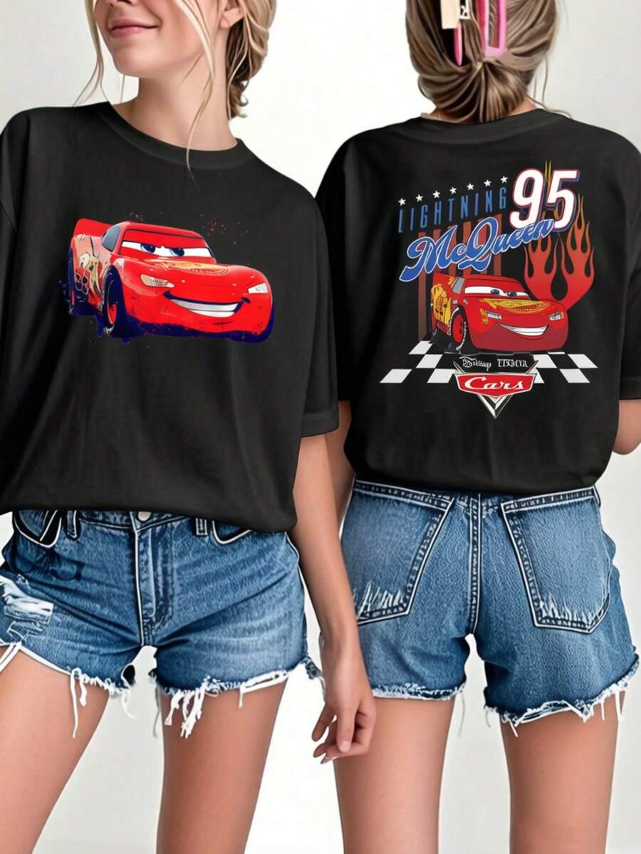 Disney Cars Lightning McQueen IP Co-Branded Double-Sided Print T-Shirt, No.95 Race Car Flame Checkered Flag Design, Classic Disney Series Casual Top - 黑色 - 查看 1